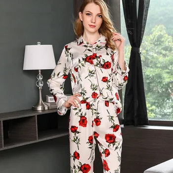

Pijama Feminino 100% Silk Pajama Sets Women Sexy Stain Pajama Set Two Piece Silk Nightwear Top and Pant Home Wear Sleepingwear