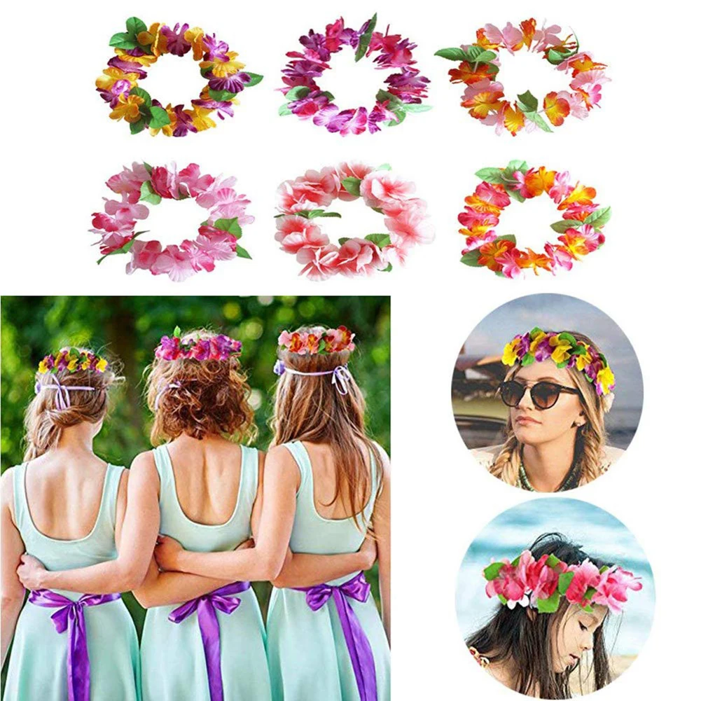 6 шт летом искусственного Гавайские цветы леев гирлянда на шею и обруч для волос, браслет комплект пляжное праздничное украшение для дня рождения свадебные