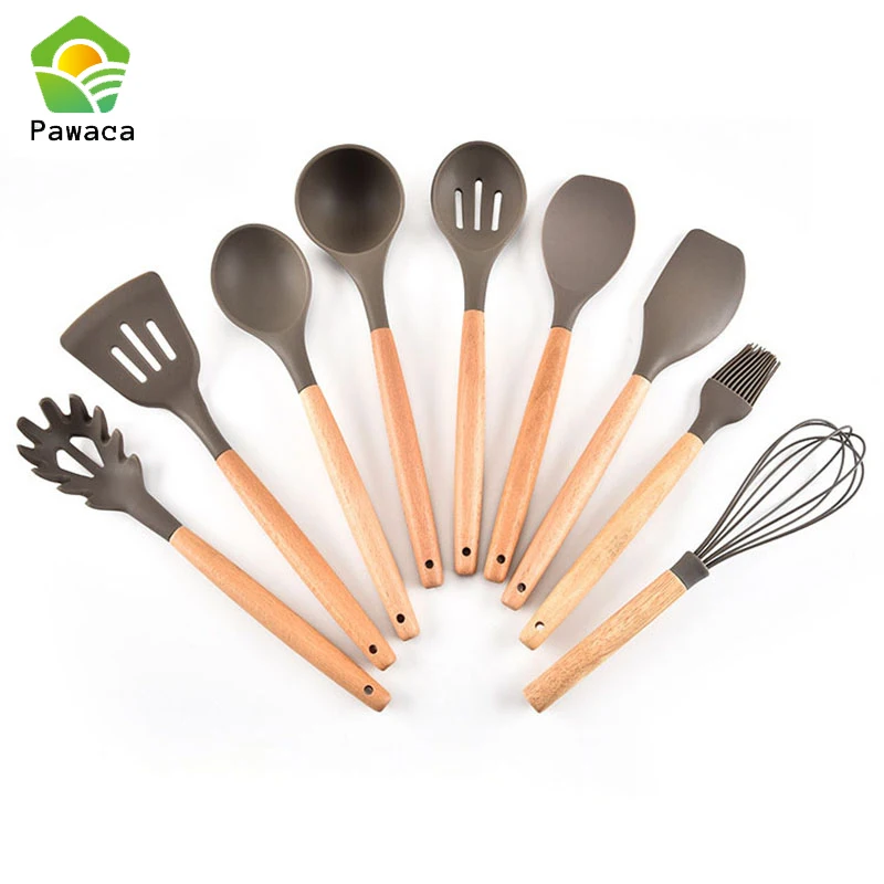 9 Pcs\/set Silicone Cooking Utensil Set With Natural Wood Handle Silicone Spoon Spatula Whisk 