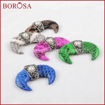 

BOROSA Natural Colorful Python Skin Crescent Double Horn Charm Pendant With Natural Pearl Bead Paved Zircons for Women JAB300