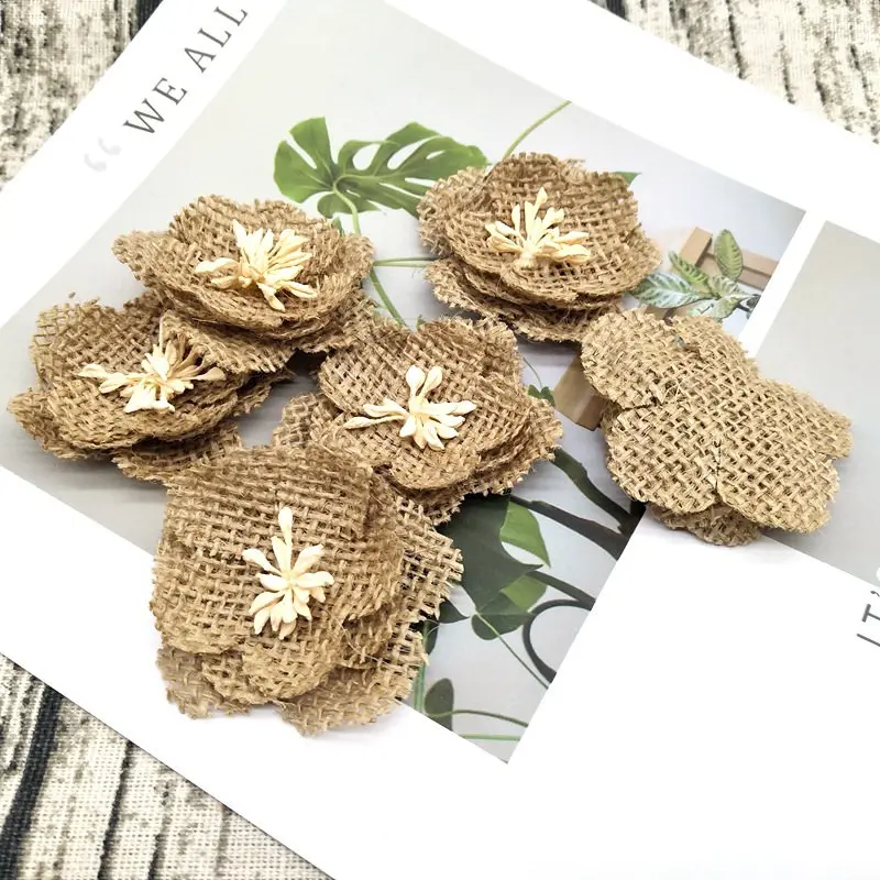 5Pcs Handmade Burlap Flowers Vintage hessian Jute Wedding Christmas Decoration Party Supplies Natural color Shabby Chic 62493