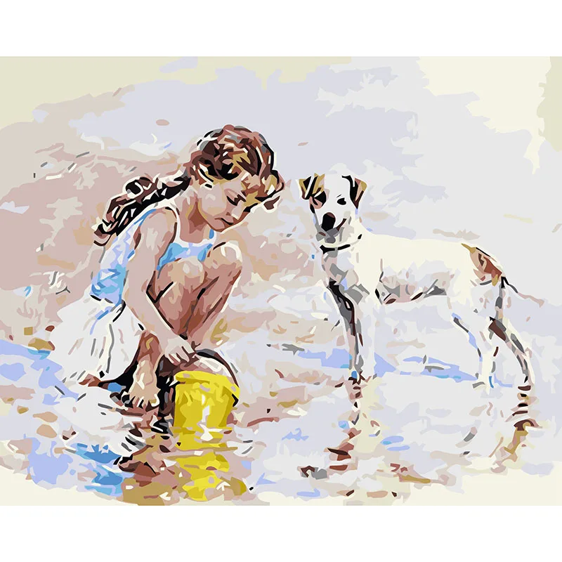 DIY Oil Painting By Numbers Frameless Paint On Canvas Modern Wall Pictures For Living Room Art Home Decor girl and dog | Дом и сад