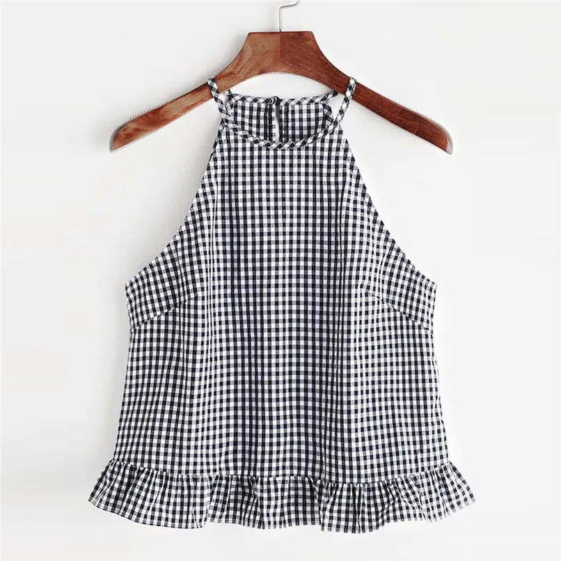 Fashion Womens Sexy Sleeveless Round Collar Sleeveless Checkered Vest With Flounces Top Summer Plaid Vest Tee 40FE28 (7)