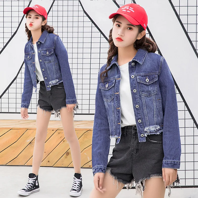 Осень-Зима Женская джинсовая куртка с дырками 2019 Harajuku boyfriend Wind Jean Jacket Loose с длинным рукавом женские пальто большого размера женские