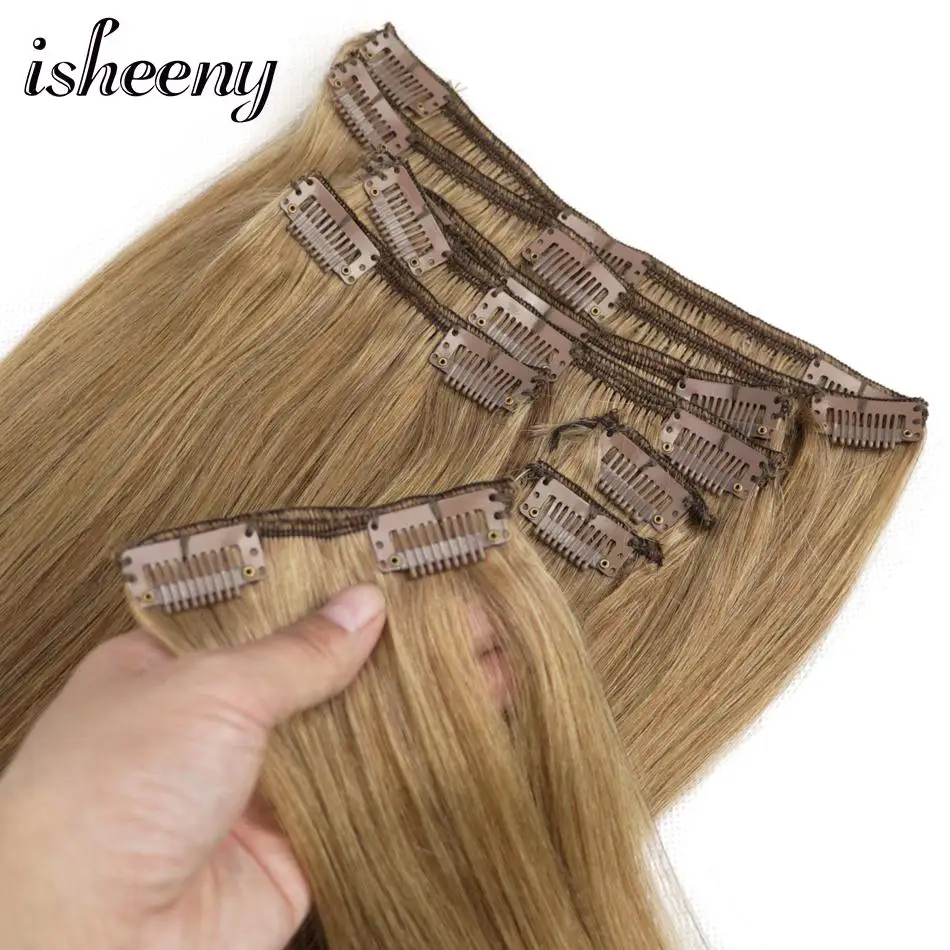 Isheeny Remy(Реми), накладные волосы для наращивания 8 шт./компл. бесшовные натуральные человеческие волосы для наращивания на заколках, на всю голову, бразильский Однотонная одежда волосы на заколках