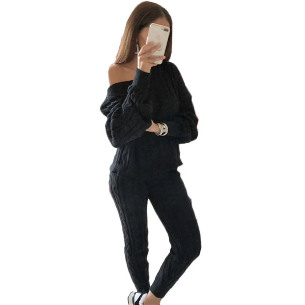  New Autumn Lady Tracksuit Two Piece Set Women Top and Pants Knitted Suit O Neck Knit Set Women Outw