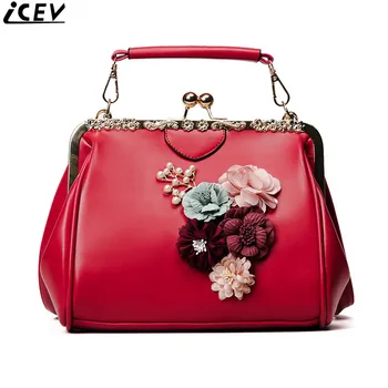 

ICEV brand new fashion flower embossed shoulder bag for women handbag small metal clip messenger bag ladies leather shell clutch