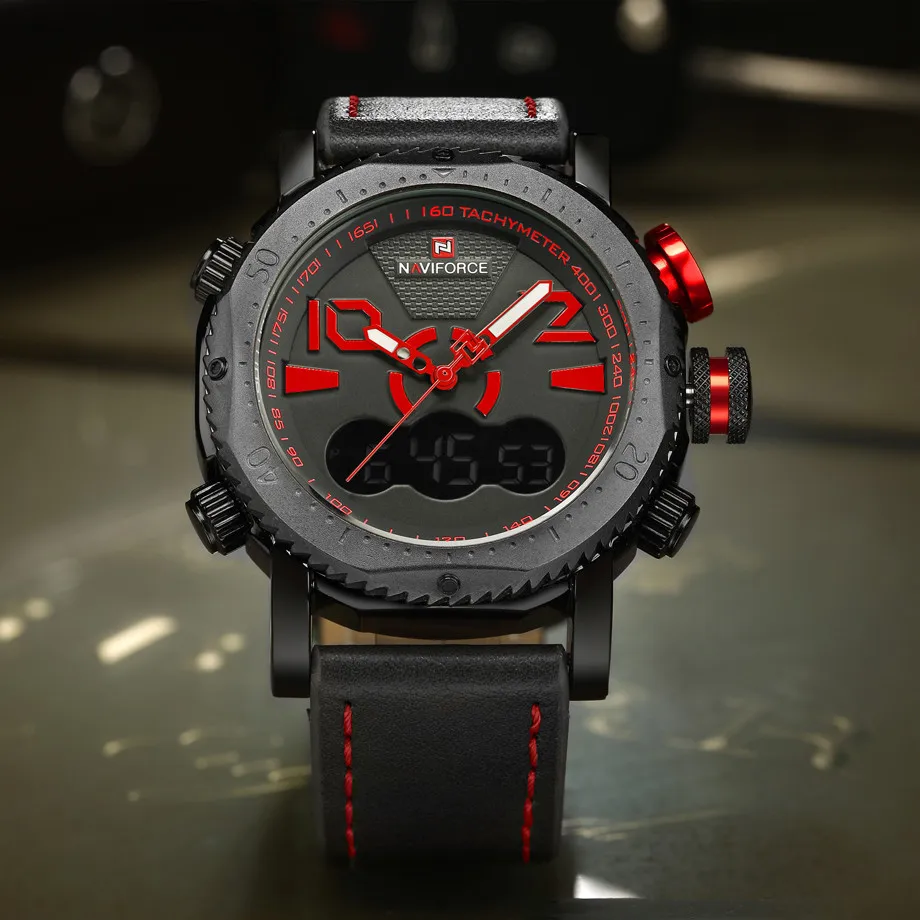 NAVIFORCE 2018 Brand Waterproof Men Leather Sport Military Watch Dual Time Quartz Analog Wristwatch