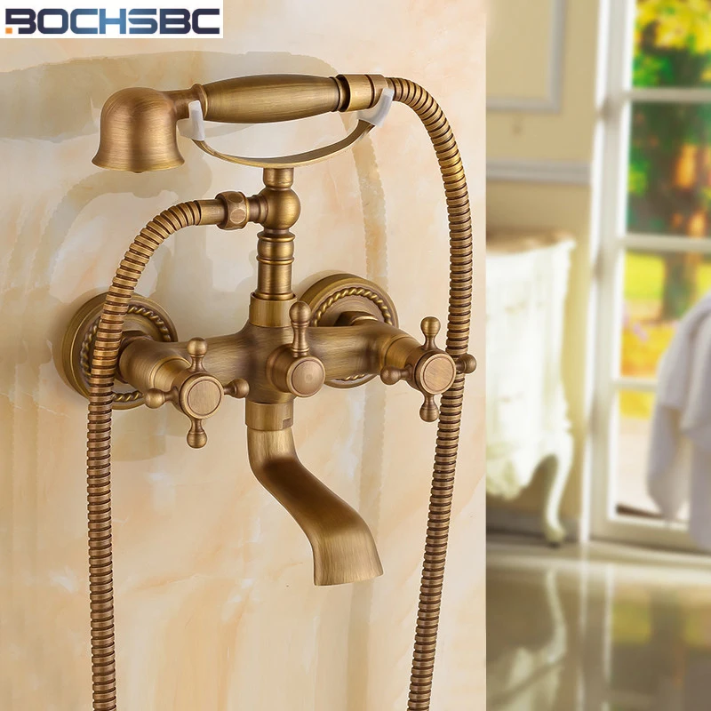 BOCHSBC Round Telephone Shower Set Brass Antique Copper Bathroom Shower