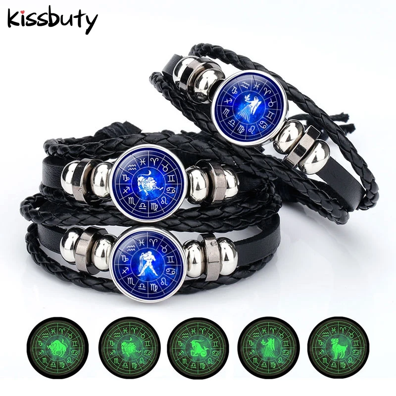 

Luminous 12 Constellation Zodiac Sign Black Leather Bracelet Cancer Leo Virgo Libra Woven Glass Dome Jewelry Punk Men Bracelet