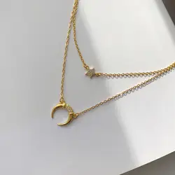 Двойной слой 925 серебро Moon Star Подвески ожерелье Простой элемент дизайна дикий темперамент ожерелье для женщин ювелирные изделия