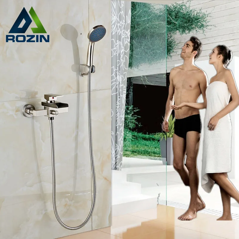 Brushed Nickel Waterfall Bath Shower Mixer Taps Wall Mounted Single Handle Handheld Shower Faucet + 150cm Hose + Bracket