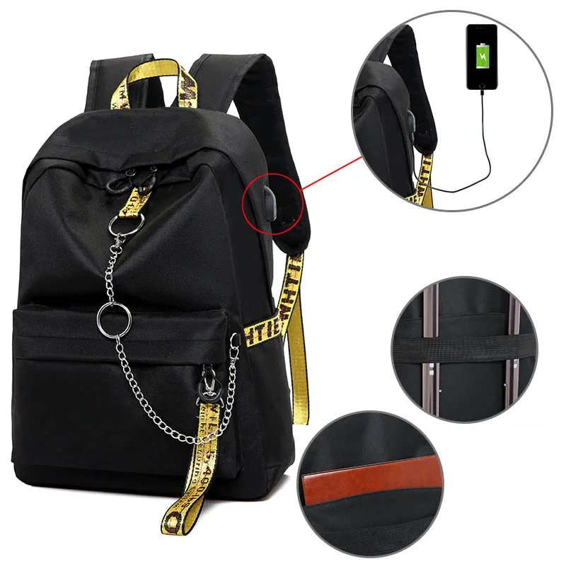 Женский рюкзак, USB зарядка, модная школьная сумка с буквенным принтом, рюкзак с лентами для девочек-подростков, Mochila Sac A Dos - Цвет: Black Yellow