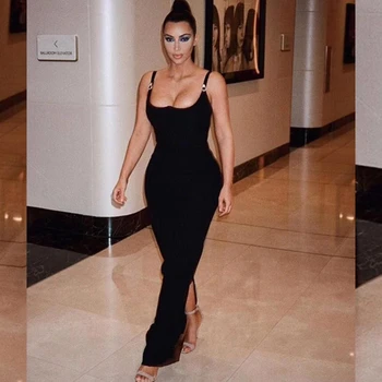 

2019 Newest Elegant Black Spaghetti Strap Bandage Dress Maxi Sexy Bodycon Women Solid Long Summer Evening Party Dresses Club