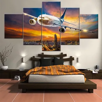 

Painting Canvas Home Decor 5 Pieces/Set Dusk City Big Plane Large Poster HD Printed Wall Art Modular Pictures For Living Room