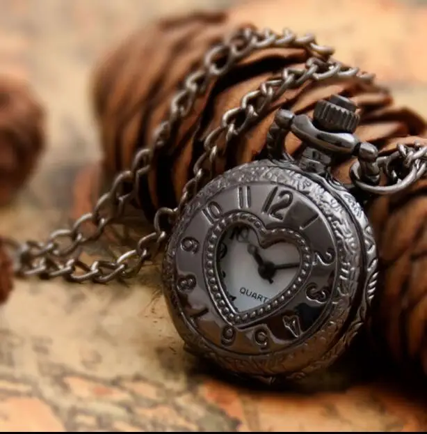 

NEW Small Black POCKET WATCH HOLLOWED HEART LID steampunk chain necklace Watch Women 20pcs/lot gift