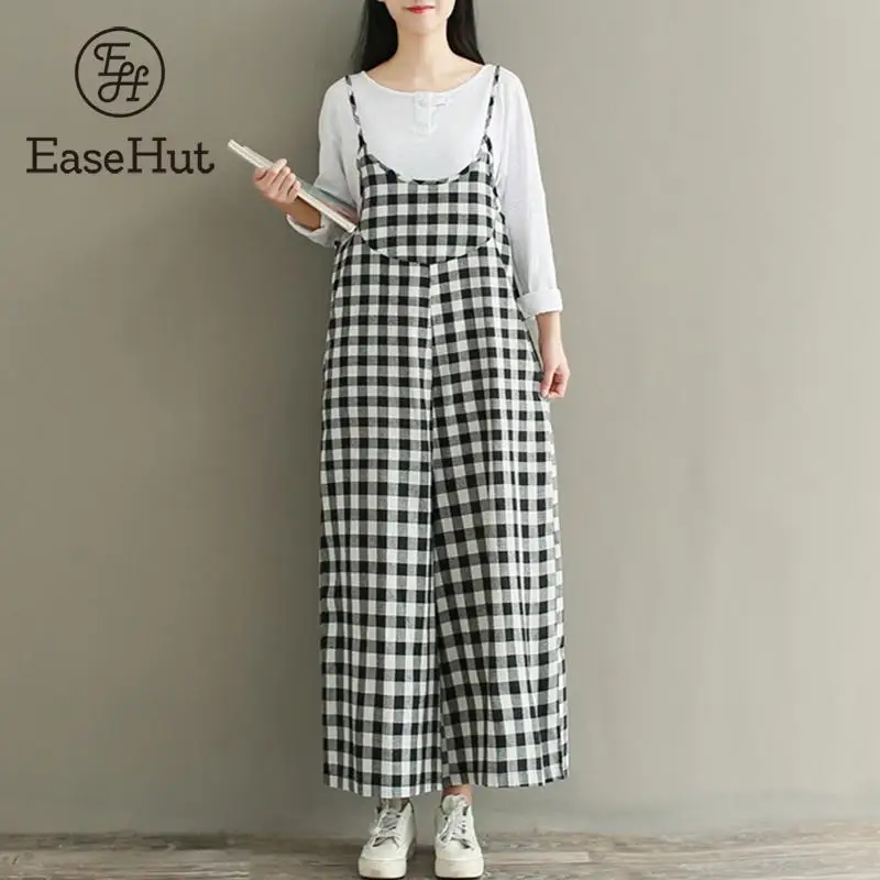 EaseHut Plus Size 3XL Rompers Women Check Plaid 2018 Jumpsuits Overalls Vintage Strappy Casual Loose Harem Pants Long Trousers