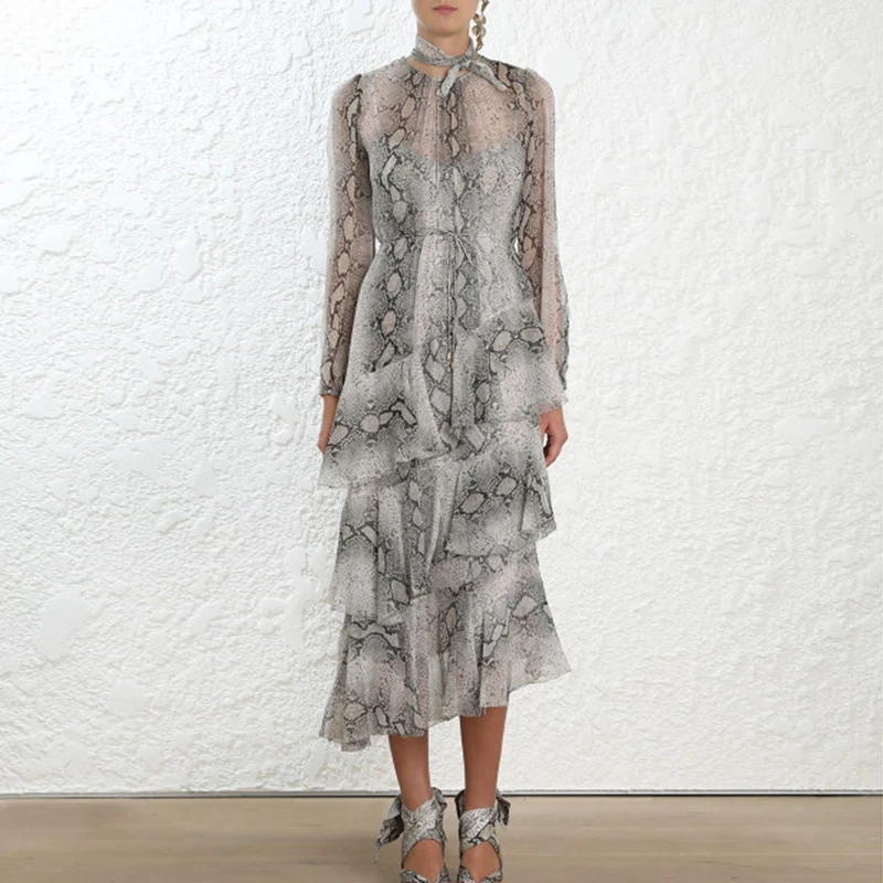 

100% Silk Serpentine Printing Layered Dress Round Neck Loose Elastic Cuffs Mid-Length Asymmetric Dress With Separate Lining