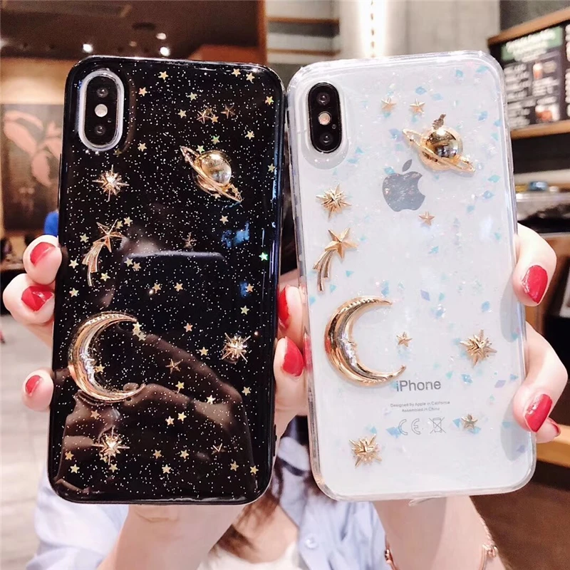 

Luxury Glitter Cute Space Planet Phone Case For iPhone X XR XS Max 7 8 Plus Clear Soft Silicone Star Back Cover For iPhone 6 6S