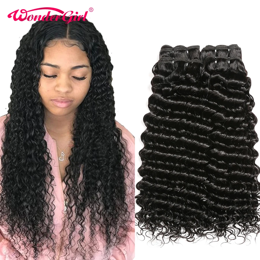 Wonder girl Deep Wave 4 Bundles Deal Peruvian Hair Bundles Remy Hair Extensions Human Hair Bundles No Tangle No Shedding