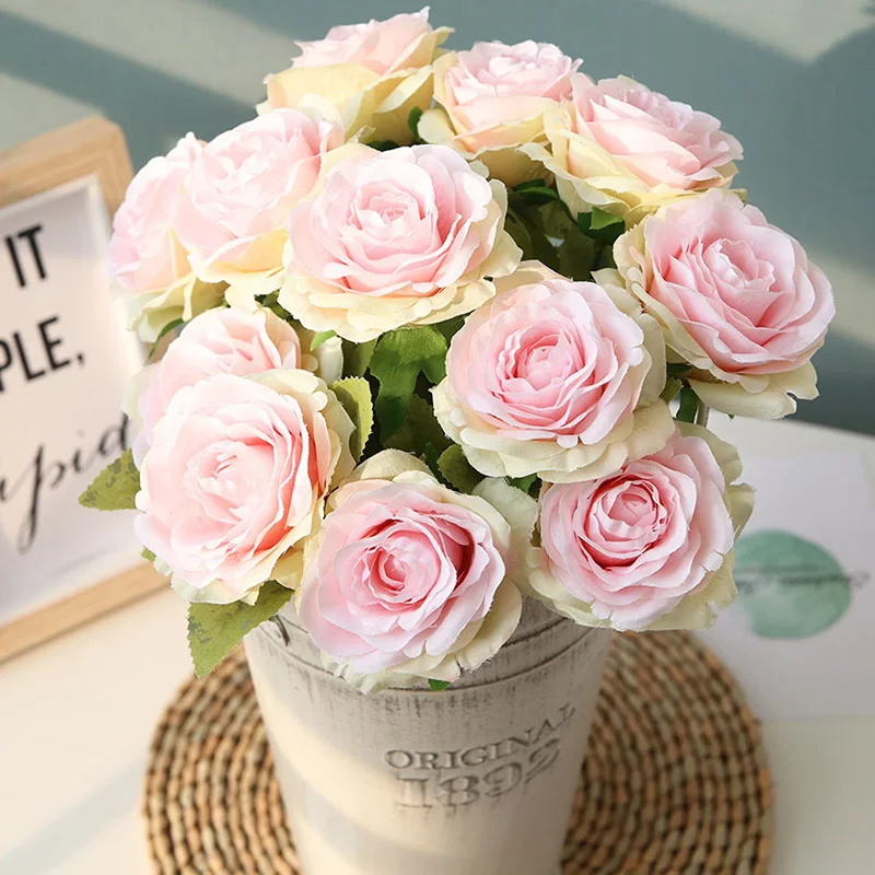 Flone Artificial Silk Rose Flower Bouquet Fake Flowers 12 Head Small Fresh Wedding Rose Decoration Home Decoration Accessories (13)