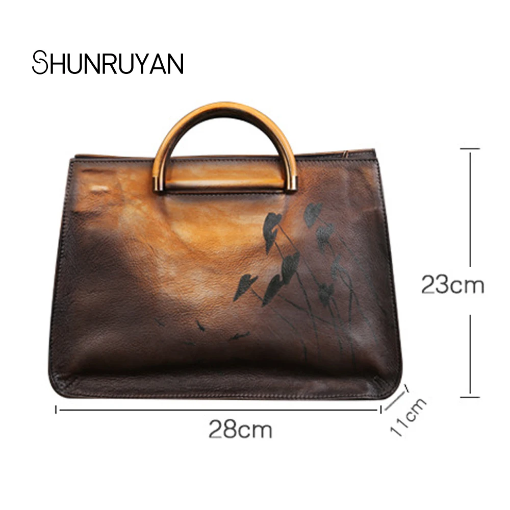 

SHUNRUYAN brand Ethnic style ladies package Lotus vintage craft wipe color leather Messenger bag female handbag shoulder bag