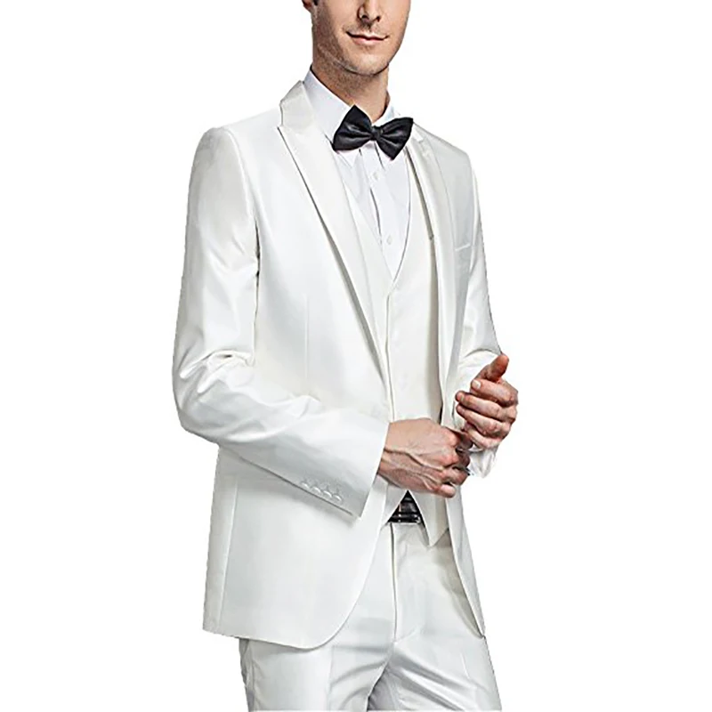 

Mens White Slim Fit Wedding 3 Piece Suit Business Tuxedo Peak Lapel Men Grooms Evening Single Breasted Dinner Prom Formal Blazer