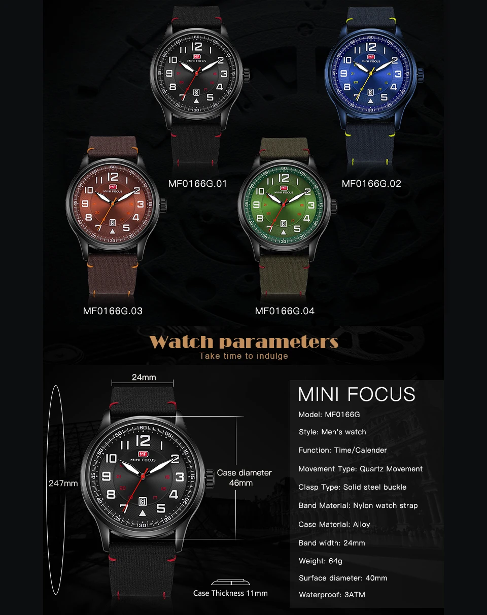 MINI FOCUS Military Mens Watches Marine Quartz Watch Ocean Blue Nylon Strap 3D Index Design Auto Da