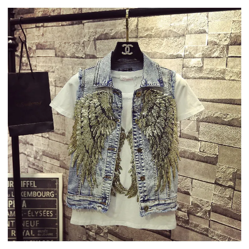 Женский джинсовый жилет с блестками без рукавов|Жилеты и безрукавки| |