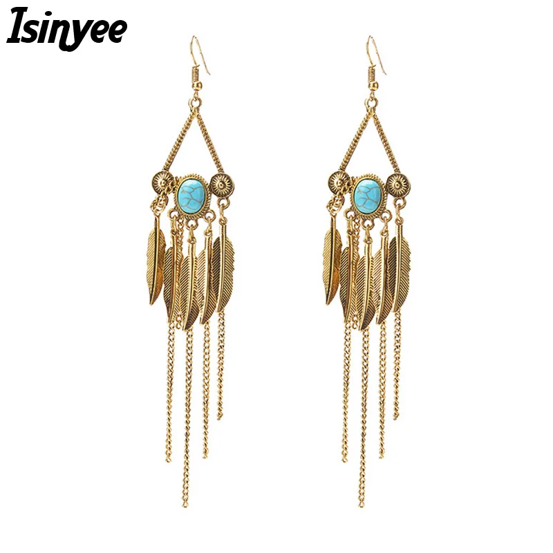 

ISINYEE Ethnic Feather Chain Tassel Bohe Long Dangle Earrings For Women Girls Vintage Gold Silver Bohemian Jewelry