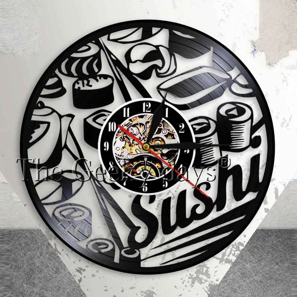 

Japanese Foodie Sushi Roll Wall Clock Sashimi Sushi Bar Vintage Vinyl Record Wall Clock Sushi Party Janpanese Gourmet Wall Decor