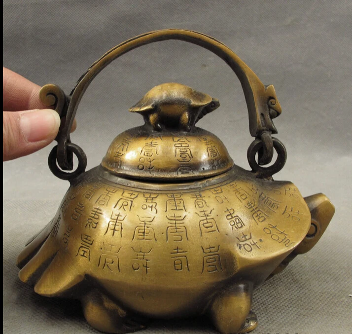 

JP S0608 China Bronze Old HanZi Shou Longevity Sea Turtle Tortoise Statue Wine Pot Teapot