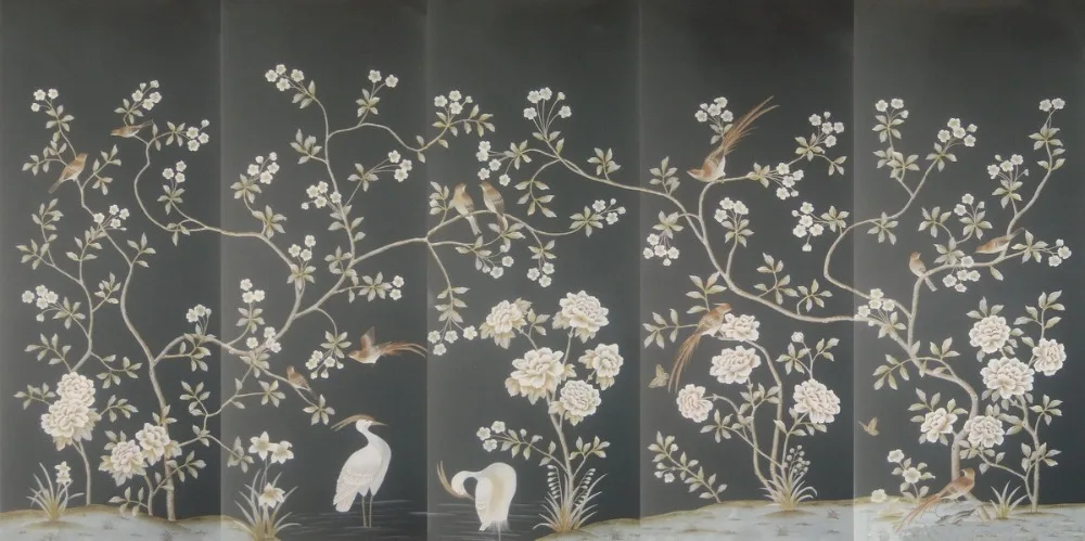 

Classic elegant Hand-painted silk wallpaper customized painting flower with birds wallcovering many patterns/background optional