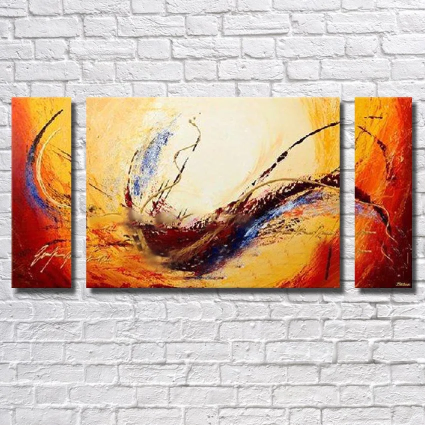 

100% Hand Paitned Free Shipping Abstract 3 piece of Red and Yellow Abstract Painting Wall Pictures For Living Room Canvas Art