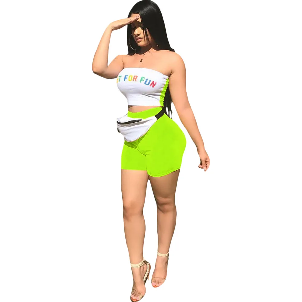 

Letters Print 2 Piece Set Sexy Slash Neck Wrap Chest Top And High Wasit Skinny Tight Shorts Casual Suit Outfits Plus Size XXXL
