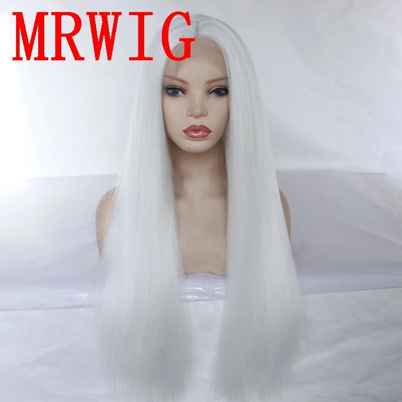 

MRWIG 60cm180%Density White Hair Color Yaki Straight Synthetic Front Lace Middle Part Real Hair Picture for Woman