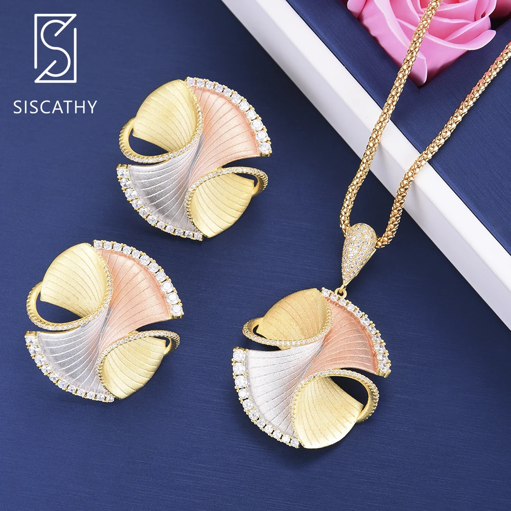 

SISCATHY Unique Irregular Shape Cubic Zirconia Stud earings fashion jewelry Long Chains Pendant Necklace For Women Engagement