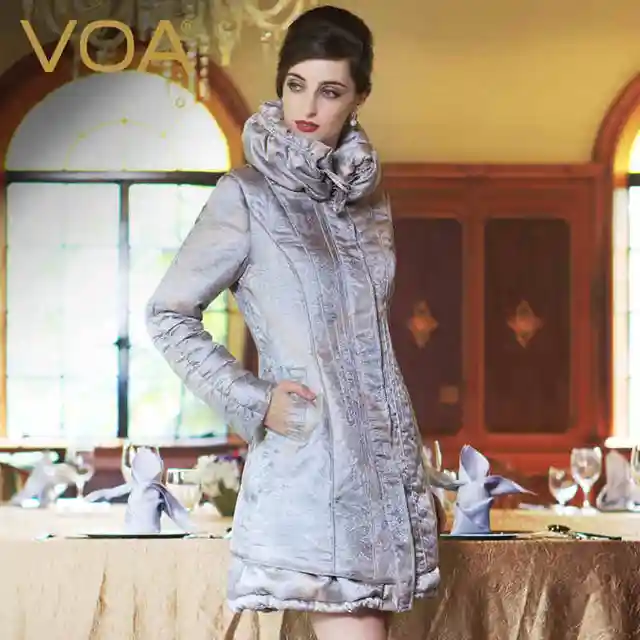 Best price at $311 Cheap VOA silver spliced silk jacquard parkas female long padded long-sleeved slim pleated coats female M632