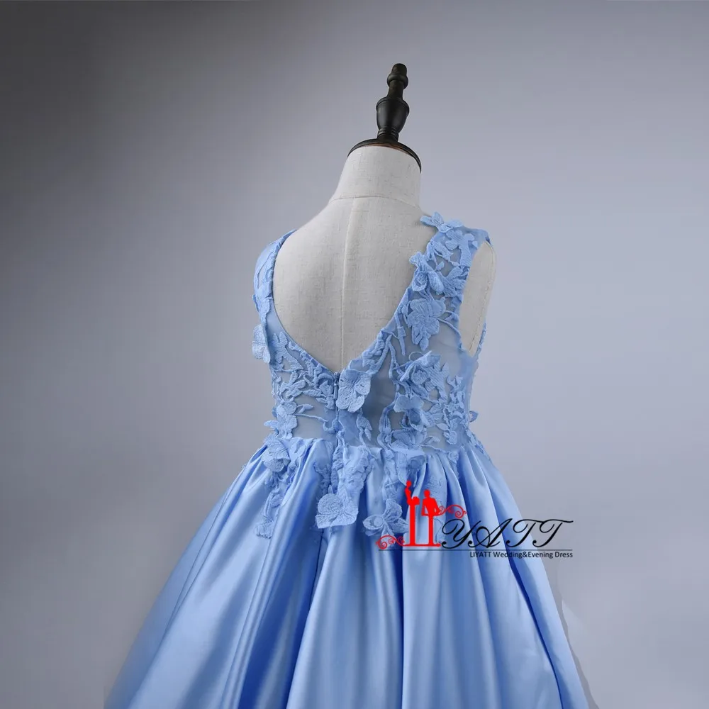 Настоящая фотография 2016 высокое качество синий Платье с кружевными цветами для девочек Аппликации бальное платье Пышное Платье принцессы