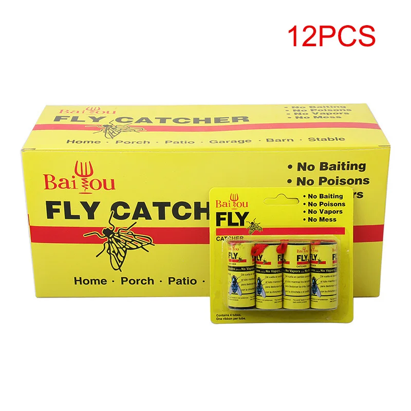 HOT 4/8/12/16Pcs Fly Sticky Paper Strip Strong Glue Flying Insect Bug Mosquitos Catcher Roll Tape NDS66 - Цвет: 12pcs