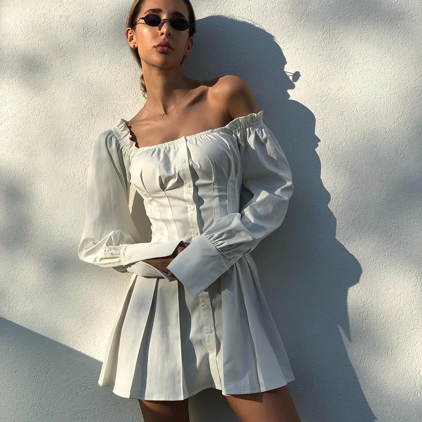 white long sleeve square neck dress