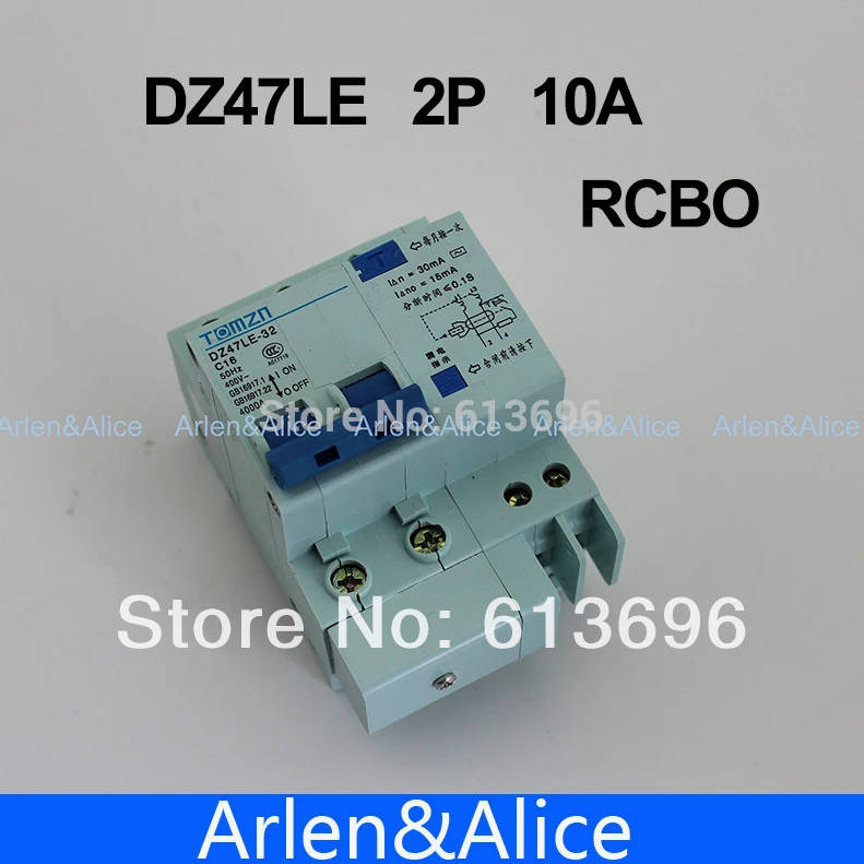 Автоматический выключатель DZ47LE 2P 10A 230V ~ 50 HZ/60 HZ с защитой от перегрузки по току и