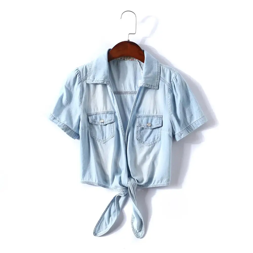 

Summer new fashion street wash denim shirt women, casual wild thin slim short strap sexy short-sleeved shirt women