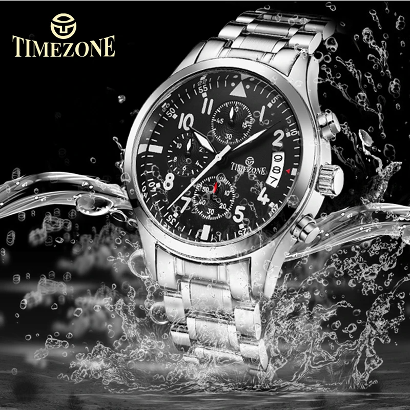 

TIMEZONE Mens Watches Top Brand Luxury Stainless steel strap Waterproof Men's Sports Watch Fashion Auto Date Male Business Watch