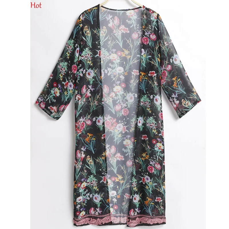 

New Fashion Summer Sun Shirts Women Long Chiffon Cardigan Casual Chiffon Floral Prints Blouses Beachwear Cardigan Cover-Up Tops