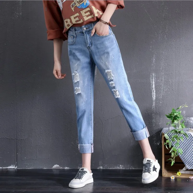 Large Size Boyfriend Jeans for women Fat Ripped Cuffs mom Jeans Femme Plus Size Loose Straight Denim Nine Pants 4Xl 5Xl