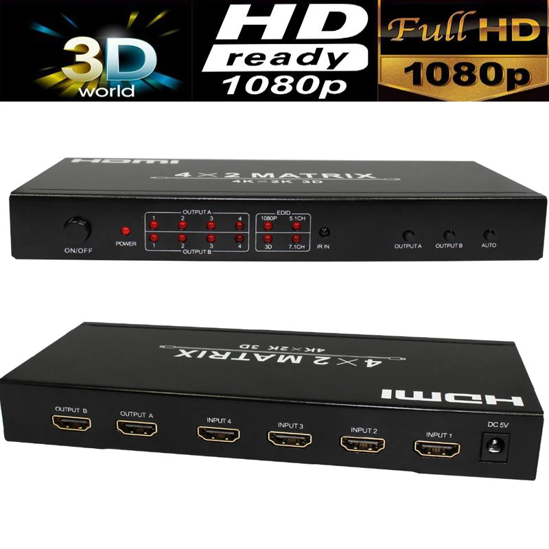 

4K HDMI Matrix 4X2 with audio out HDMI Switcher splitter 4 in 2 out HDMI 1.4V 4kX2K/30HZ with IR remote control&power adapter