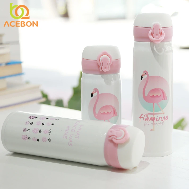 

350ML 500ML Thermocup Bouncing Cover Bottle Vacuum flask Flamingo Pattern Thermal Mug Travel Thermos Cup Stainless Steel Bottle