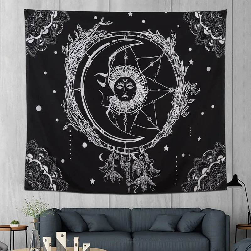

Moon Star Clouds and Mountains Tapestry Black and White Wall Blanket Wall Art for Bedroom Bohemia Home Wall Hanging Tapestries