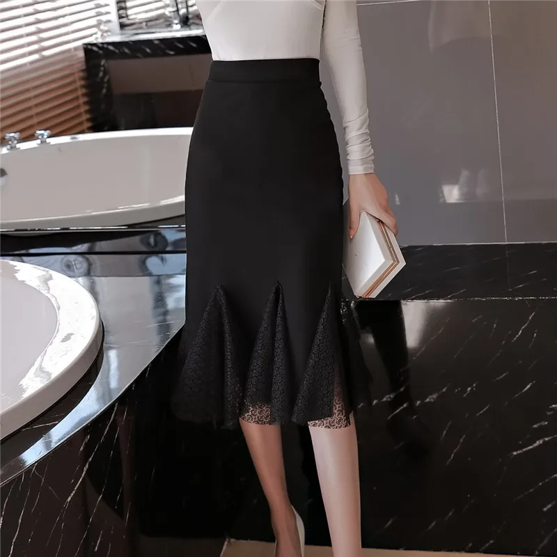 

New Sexy Women Package Hip Midi Skirt Fashion Womens Office Formal Pencil Skirt Female Elegant Lace Patchwork Ruffles Skirt